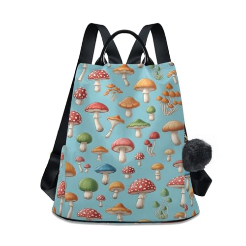 Sac à dos de voyage antivol sécurisé à motif champignons et pompon doux 17L