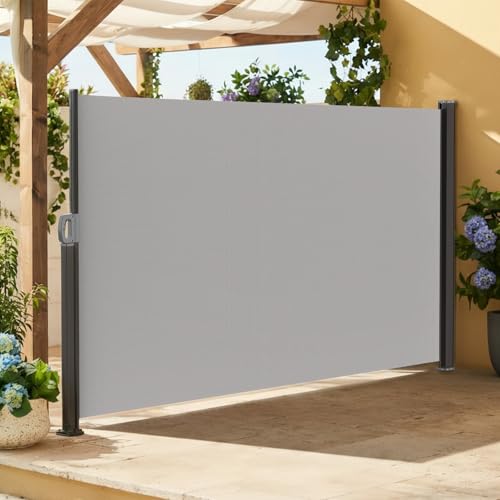 Soontrans Seitenmarkise Ausziehbar für Sitzende Sichtschutz Blickdicht auf dem Balkon & Terrasse Sonnenschutz Windschutz mit Automatischer Rückrollfunktion & Griff & Wandhalterung (160 x 300 cm Grau