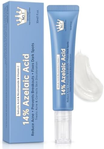 Azelaic Acid 14% Acne Cream for Redness Relief, Dark Spots, Facial Serum with Niacinamide & Vitamin C Prevent Acne Breakouts, Azelaic Acid Serum for Balance Excess Sebum & Soothe Irritation, 1 Oz.