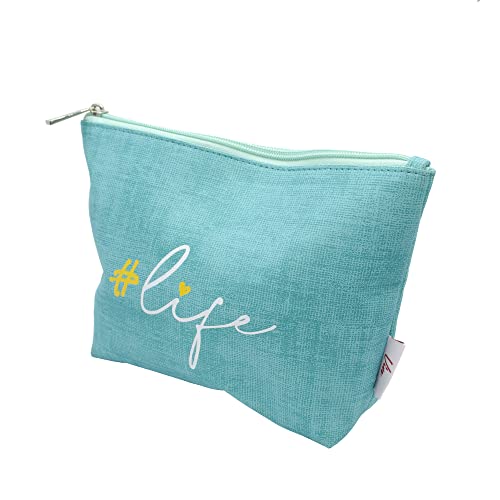 PONETTE - Neceser Mujer Impermeable Mate Verde Esmeralda con Texto Life en Blanco y Amarillo, Marca Española Cover
