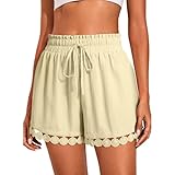 Yeenily Short Femme Ete éLastique Taille Haute DéContractéE Large Boheme Dentelle Ourlet avec Cordon(Abricot,XL)
