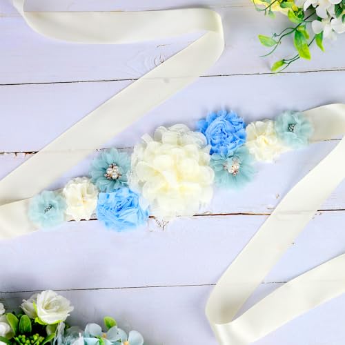 Image of Blue Ivory Boho Baby Shower Maternity Sash - Dusty Blue Flower Theme Baby Shower Belly Belt, Mom to Be Photo Props Party Decorations