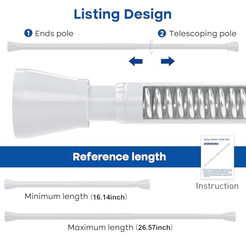 Image of Tension Rods 16 to 26 Inch White Tension Curtain Rod Small Tension Rod Adjustable Curtain Rod Spring Curtain Rods No Drilling Expandable Pressure Spring for Closet Kitchen Door