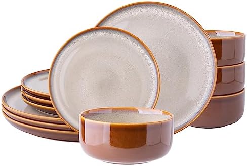 LERATIO Ceramic Dinnerware Sets,12-Piece Plates and Bowls,Handmade Reactive Glaze Dishes Set,Chip Resistant and Scratch Resistant | Oven Dishwasher & Microwave Safe,Service for 4-Kahki