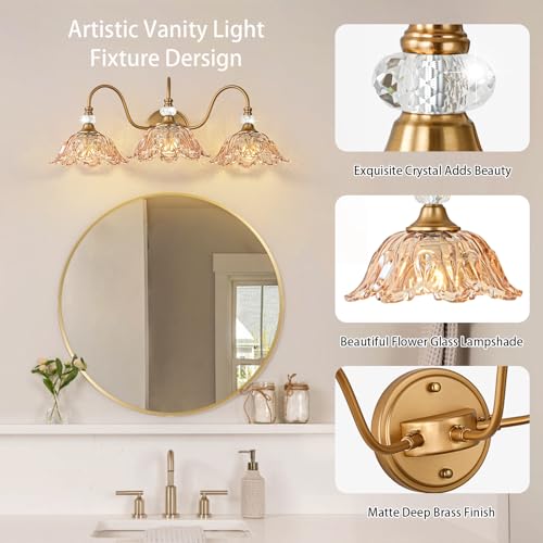 Image of Vintage Bathroom Vanity Light, 3-Light Matte Deep Brass Finish Vanity Light with Flower-Shaped Amber Glass Shades, Retro Wall Sconce for Bathroom