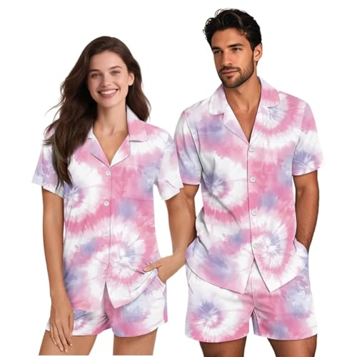 Couple Pajamas Matching Sets for Him and Her Notch Collar Short Sleeve Sleep Set Button Down Loungewear 2 Piece