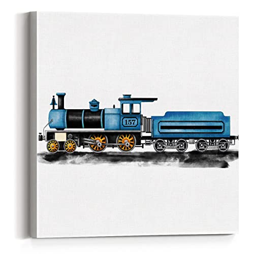 Watercolor Train Canvas Wall Art Transportation Steam Locomotive Painting Print Railroad Canvas Framed Artwork Nursery Wall Decor For Home Bedroom Kids Playroom 12X12 Inch (Blue) #TOP4