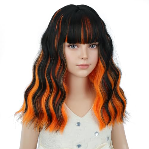 Image of PATTNIUM Black Mixed Orange Wig for Kids Girls Short Wavy Wigs with Bangs Black Shoulder Length Wavy Heat Resistant Synthetic Wig