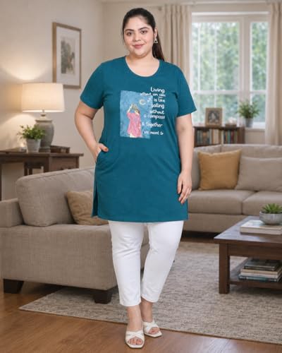 Image of In Love Women's Printed Cotton Plus Size Longline T-Shirt with Pockets | Cotton fabric - soft longline T-shirt with easy plus-size fit