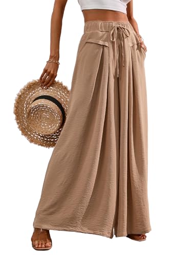 Flowy Wide Leg Palazzo Pants for Women Dressy Summer Casual Elastic Waist Lounge Long Trousers with Pocket