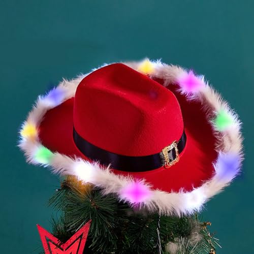 Christmas Decorations, Christmas Hanging Decoration Feather With LED Lights Cowboy Red Western Cowboy Red Santa Claus Trimmed Lights Hat（价格包含OPP袋包装价格不要随意降价）