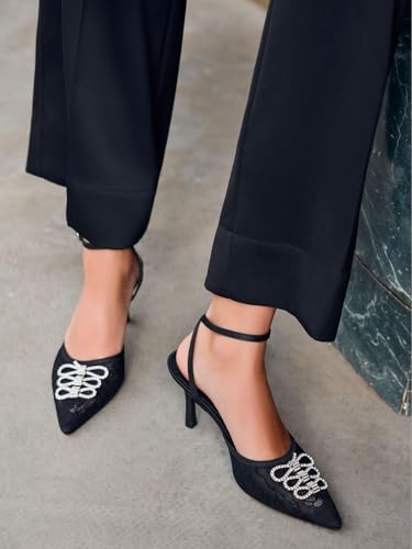 Coutgo Womens Rhinestone High Heels Closed Pionted Toe Bow Mesh Pumps Ankle Strap Wedding Bride Dress Shoes3