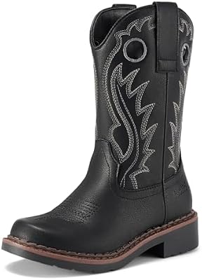 Rollda Kids Western Cowboy Boots - Square Toe Cowgirl & Cowboy Boots for Toddlers and Big Kids, Blac...