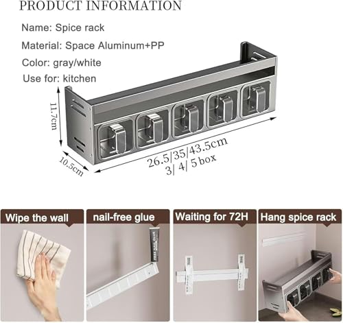 Gewürzregal, Gewürz-Organizer mit 3 Gewürzbox, Gewürzträger an der Wand/Arbeitsplatte, Starkes Gewürzregal, Gewürzspeicher für Innenschrank, Gewürz-Organizer für Küchenkräutergläser