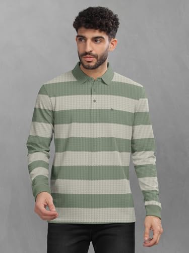 Image of BULLMER Striped Textured Printed Polo Neck Fullsleeve T-Shirt with Rib for Men