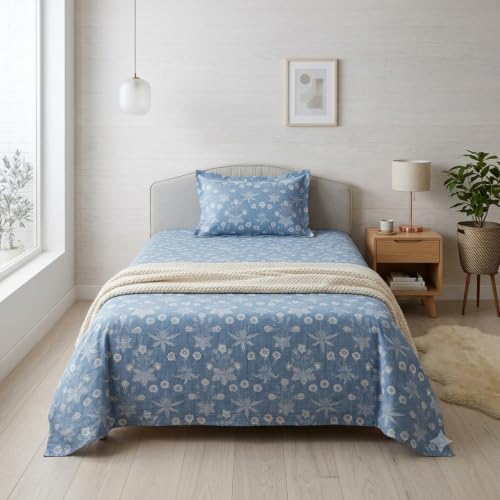Image of Linen Home Cotton Percale Flat Bedsheet Set Single Size Floral Blue