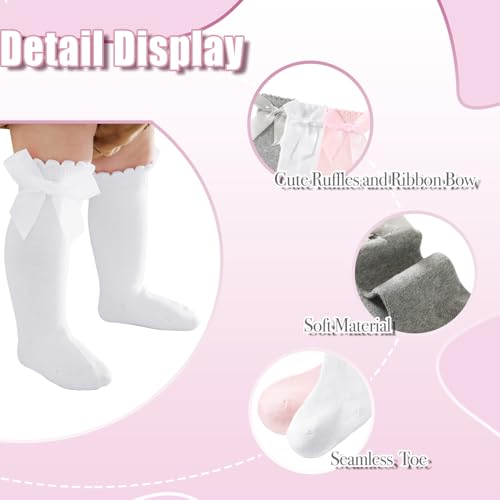 MIREAZW Baby Knee High Socks Newborn Ruffle Bow Socks Infant Long Sock Toddler Girls Uniform Stockings White 0-6 Months