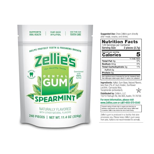 Zellies | 100% Xylitol Sugar Free Spearmint Chewing Gum | Spearmint Flavor (240 Count - Pack of 1)