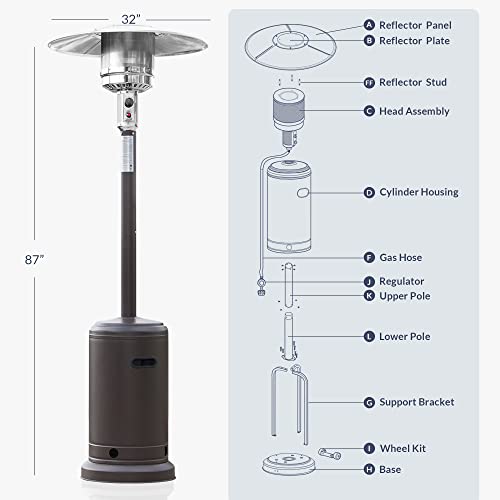 Belleze 48,000 Btu Outdoor Propane Heaters Outdoor, Csa Certified Outside Heater With Safety Auto Shut Off Valve, Piezo Ignition System, Wheels For Portable Mobility, Hammer Finished - Mocha #TOP6