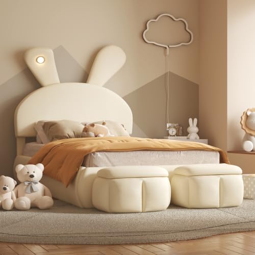 HXERY Full Size Upholstered Platform Bed with Cartoon Ears Shaped Headboard and Light (Beige)