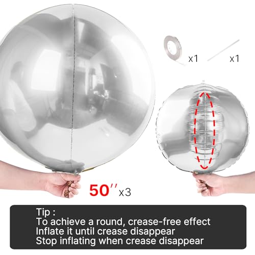 Image of PartyWoo Metallic Silver Foil Balloons 3pcs Large Round Giant 4D Balloons