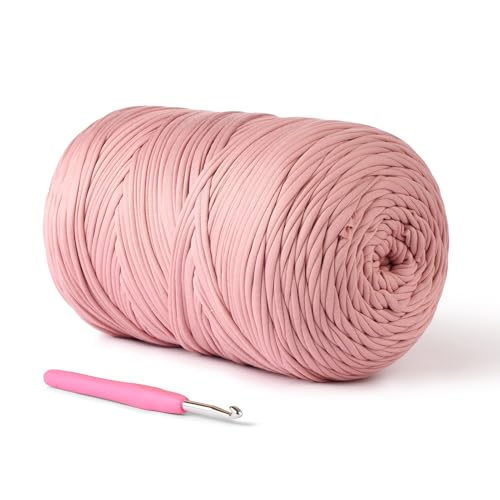 Image of (800g /228yds) T Shirt Yarn, Soft Tshirt Crochet Yarn for Crafts and DIY Knitting Crocheting Cloth /Bag /Basket /Coaster, 100% Polyeste Elastic Fabric Chunky Thick Yarns for Crocheting (Gray Pink)