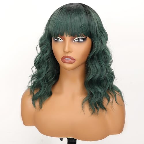 Image of Nnzes Ombre Green Wigs with Bangs for Women Short Bob Synthetic Wigs Shoulder Length Wavy Heat Resistant Hair for Daily Party Use