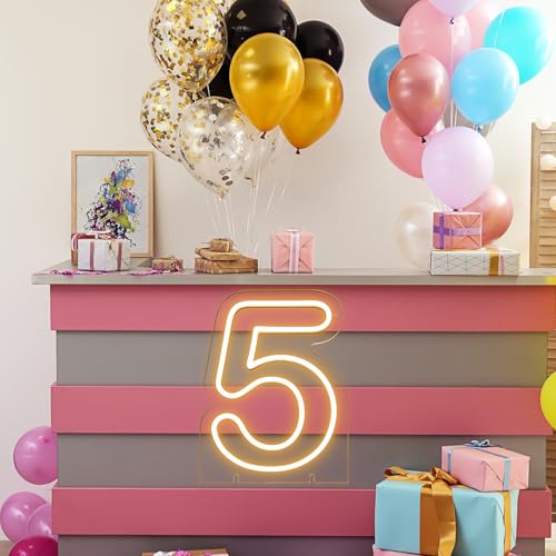 Image of Number 5 LED Neon Sign Backdrop Birthday Party Decoration, 11.3 inch Height Warm White Marquee Number Five Light Up Sign for Wedding Anniversary Window Wall Table, Indoor Battery Operated or USB