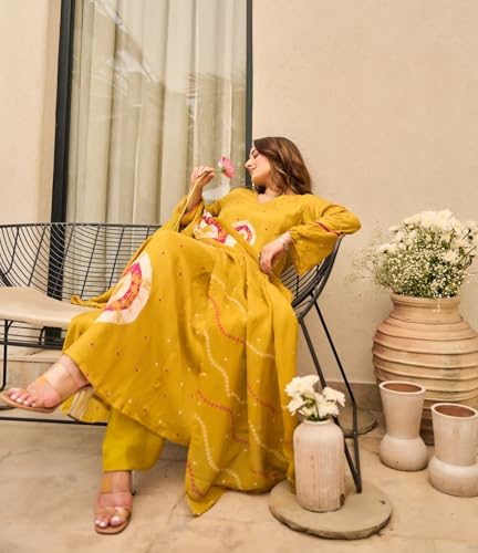Image of Nermosa Women Viscose Kurta Pant Dupatta Set | Summer Friendly Ethnic Suit Set for Women | V-Neck Printed Kurti with Matching Pants & Dupatta | Casual & Office Wear