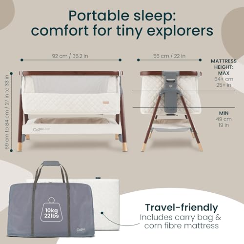 Tutti Bambini CoZee® Luxe Next To Me Crib & Standalone Baby Cot – Quilted Velvet Crib with 100% Cotton Jersey Lining - Foldable Baby Bed & Travel Cot with Mattress (0-6 Months) – Walnut/Cream