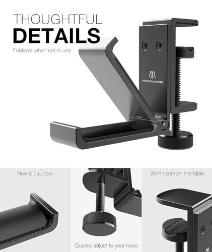 New Foldable Headphone Stand Hanger Holder Aluminum Headset Soundbar Stand Clamp Hook Under Desk Space Save Mount, Universal Fit Gaming Headphones, Black - Image 5