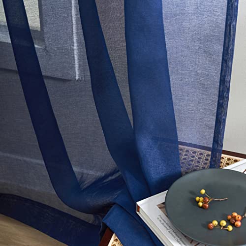 Image of MYSTIC-HOME Sheer Curtains 63 Inch Length 2 Panels Navy Blue, Rod Pocket Voile Drapes for Living Room, Bedroom, Window Treatments Semi Crinkle Curtain Panels for Yard, Patio, Villa, Parlor, 52 inchx 63 inch.