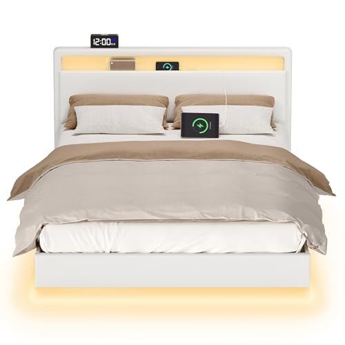 VASAGLE Bettgestell, Doppelbettgestell, 140 x 200 cm, schwebender visueller Effekt, Bett mit LED-Beleuchtung, hohem Kopfteil, Ladestation, modern, wolkenweiß RMB864W01