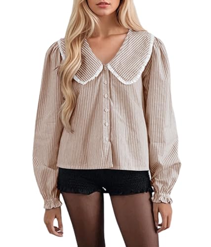 MISSACTIVER Womens Striped Button Down Shirts Long Sleeve V Neck Babydoll Tops Cute Flowy Peter Pan Collar Blouse