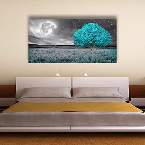 Tree Of Life Wall Art Picture Canvas Prints Room Wall Décor Blue Tree With Full Moon Paintings For Living Room Bathroom Bedroom Home Kitchen Decorations Natural Artwork Wooden Framed 20X40Inches #TOP4