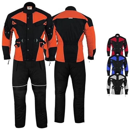 Motorradkombi Herren 2-teiler mit 6CE-Protektoren Motorradanzug Textil Winddicht Motorradjacke & Motorradhosen-Set - aus 4 Schichten Abnehmbar Thermofutter - insgesamt 9 Taschen - Orange/Schwarz - 56