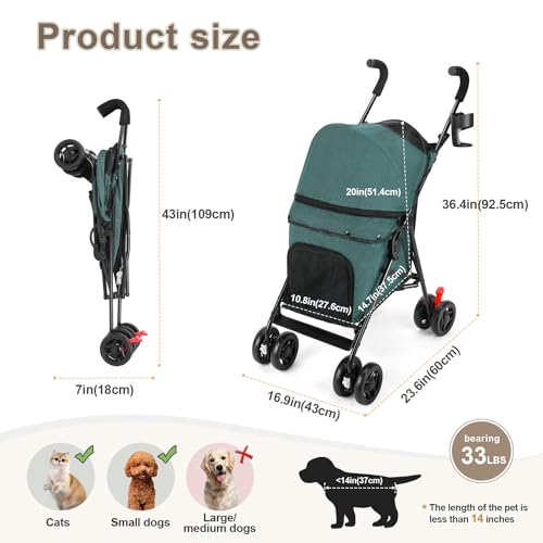 Dog Strollers for Medium Dogs, Folding Puppy Stroller for Small Dogs up to 33 lbs, 4 Wheels with Cup Holder Dog Carts with 360 Rotating Front Wheels for Outdoor Walking (Dark Green) Dog Strollers for Medium Dogs, Folding Puppy Stroller for Small Dogs up to 33 lbs, 4 Wheels with Cup Holder Dog Carts with 360 Rotating Front Wheels for Outdoor Walking (Dark Green)