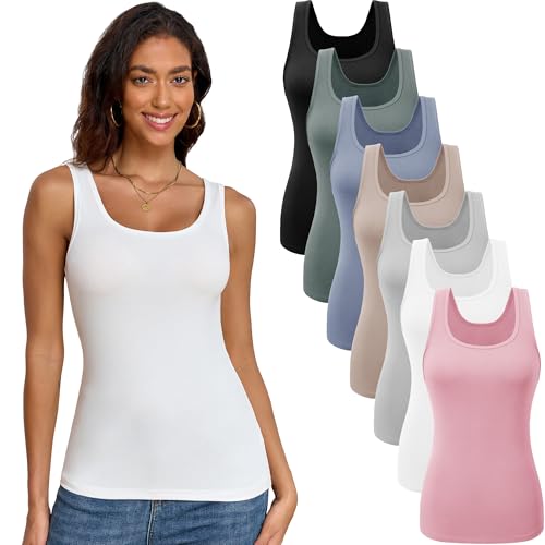 TVKSOM 7 Pack Basic Tank Tops for Women Undershirts Scoop Neck Ribbed Sleeveless Casual Layering Basic Tanks Top