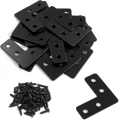 BokWin 20PCS Mending Plates，L-Shape Corner Braces Black Flat Corner Braces for Wood 1.57x1.57/ 40x40mm Right Angle Mending Repair Plates with Screws