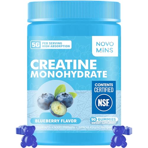 novomins Creatine Monohydrate Gummies 5000mg for Men & Women, Chewables Creatine Monohydrate for Muscle Strength, Muscle Builder, Energy Boost, Pre-Workout Supplement(90 Count)-Blueberry Flavor.