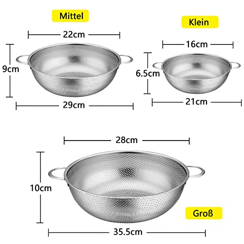Foto von Sieb, Joyfair Edelstahl Nudelsieb Küchensieb 3er Set, Mikroperforiertes Abtropfsieb mit Griffen, Metall Seiher zum Abtropfen & Spülen von Nudeln/Gemüse/Obst/Reis, Spülmaschinenfest - 28cm/22cm/16cm