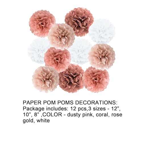 Image of Rose Gold Tissue Paper Pom Poms Decorations, 12 inch, 10 inch, 8 inch, Paper Flowers for Wedding, Birthday, Baby Shower, Bachelorette Party, Engagement Party Decor - 12 Pcs