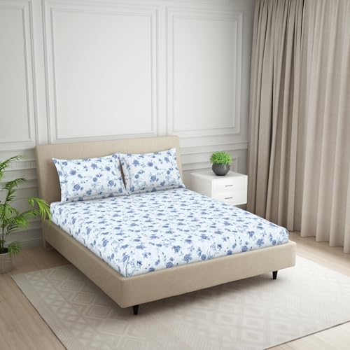 Image of Welspun Polycotton Double Bedsheets with 2 Pillow Covers Soft & Skin Safe Bed Sheets - Harmony | 120 Tc (Floral-Ice Blue)