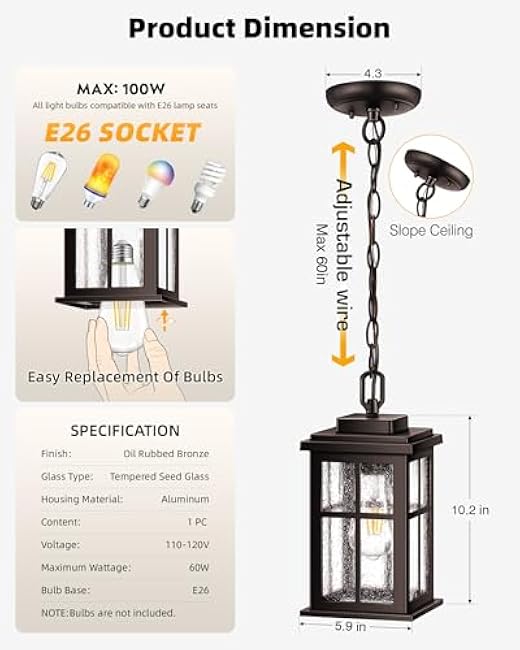 VIANIS Outdoor Hanging Lights Oil Rubbed Bronze Exterior Pendant Lights Outdoor Chandelier Outside Ceiling Lantern