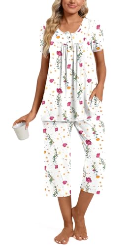 Image of Womens Summer Pajama Sets 2 Piece Short Sleeve Top and Capri Pants Plus Size Ladies Lounge Pjs Sets with Pockets