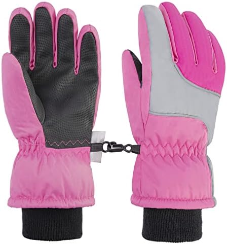 Lullaby Kids Toddler Gloves Girl Gloves for Winter Kid Snow Gloves Waterproof Ski Gloves Kid's Winter Waterproof Snow Gloves, Pink Grey, S(4-6Y)