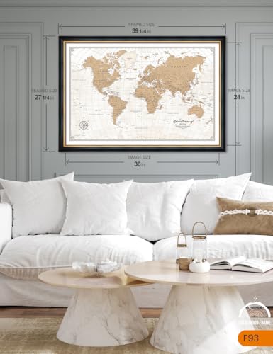 Image of IPIC - Custom Vintage World Map Canvas Wall Art, Personalized Artwork with Names and Message on, Framed Oversize Travel Map for Home, Office, or Study, Push Pin Wall Decor for Travel Lovers