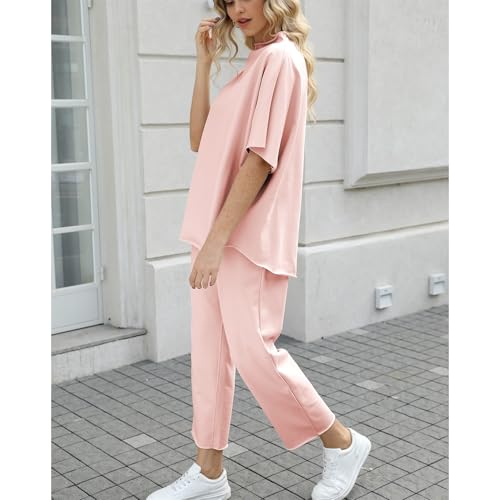 Image of SeeLuNa Women's Two Piece Outfits 3 /4 Batwing Sleeve Capelet Crew Neck Pullover Top Wide Leg Pants Lounge Set