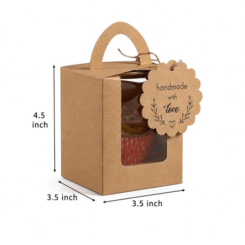 Image of mudrit Kraft Cupcake Boxes (Pack Of 50, Single Cupcake Carrier With Window, Insert And Handle For Pastry, Muffins, Cookies, Macaroons, Bakery | Party Favor Packing (Cardboard, Brown)