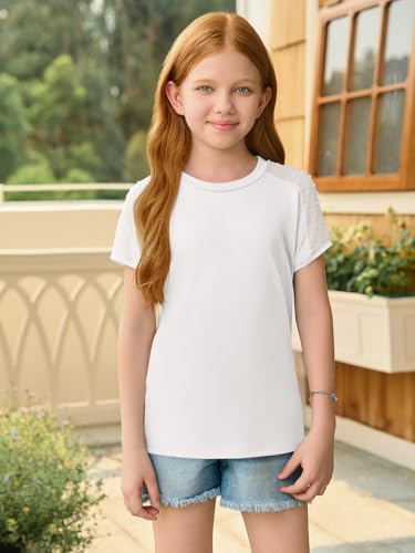 Image of Haloumoning Girls Summer Swiss Dot Short Sleeve T-Shirts Kids Crewneck Tops Cute Fashion Tees 5-14 Years